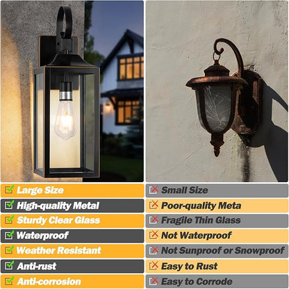 Dusk to Dawn Outdoor Wall Light, 19" Large Outdoor Light Fixture 2 Pack, Black Exterior Light Fixtures Wall Sconces Porch Lights, Waterproof Outdoor Lighting for House, Garage -with Gold Trim