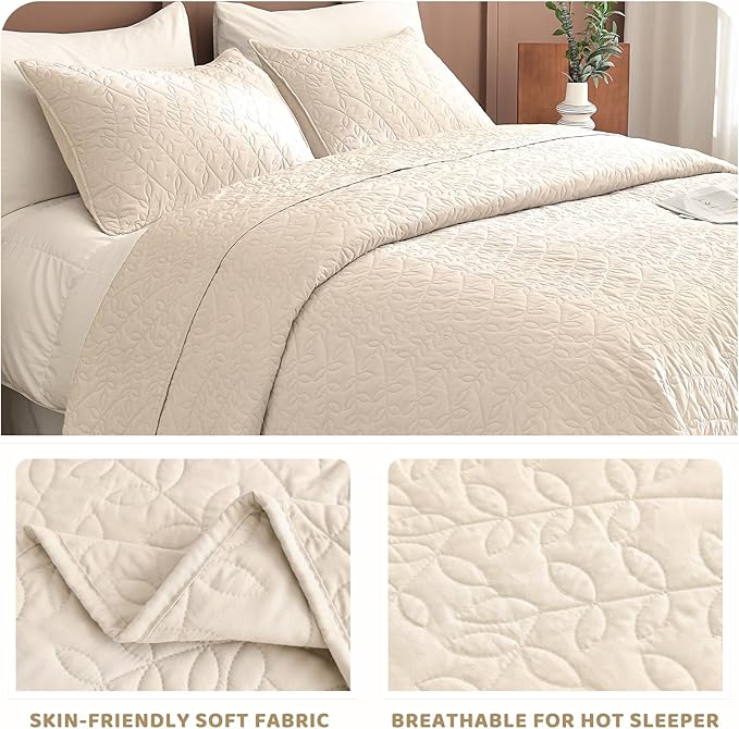 Sanracie Oversized King Quilt Bedspreads 120"*120" for Extra Bed, 100% Cotton Coverlet King Size Leaves Quilting Wheat Colored Super Large Wide California King Bed Quilt Sets Soft Lightweight