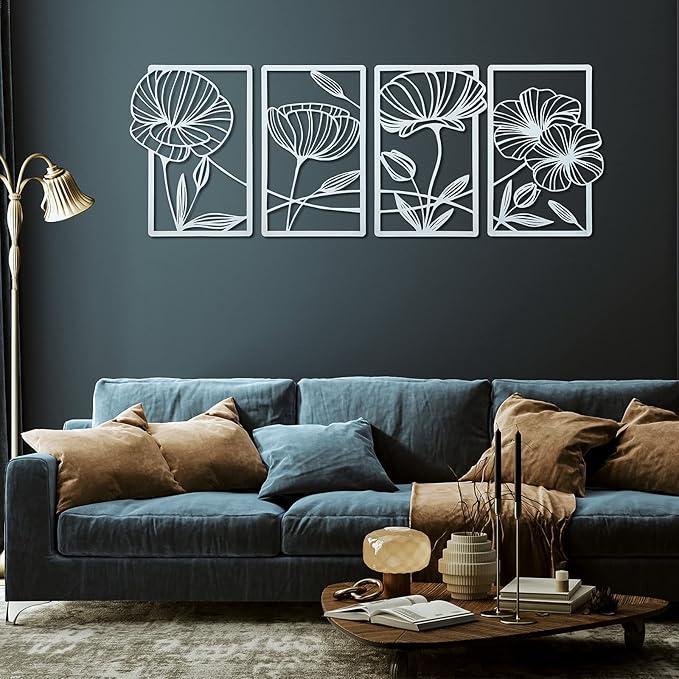 Cunno 4 Pcs Metal Wall Art 16.5 x 11.8'' Line Art Wall Decor Floral Minimalist Decor Hanging Flower Aesthetic Modern for Living Room Bedroom Bathroom Kitchen Decoration(White)