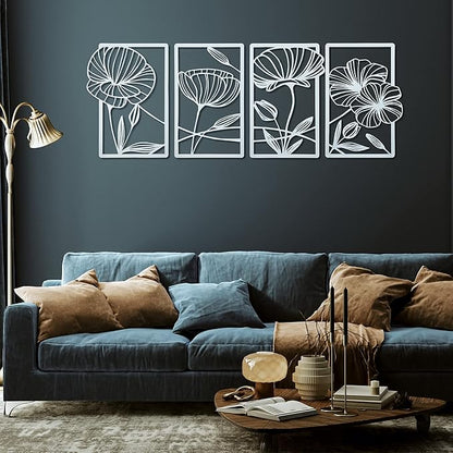 Cunno 4 Pcs Metal Wall Art 16.5 x 11.8'' Line Art Wall Decor Floral Minimalist Decor Hanging Flower Aesthetic Modern for Living Room Bedroom Bathroom Kitchen Decoration(White)