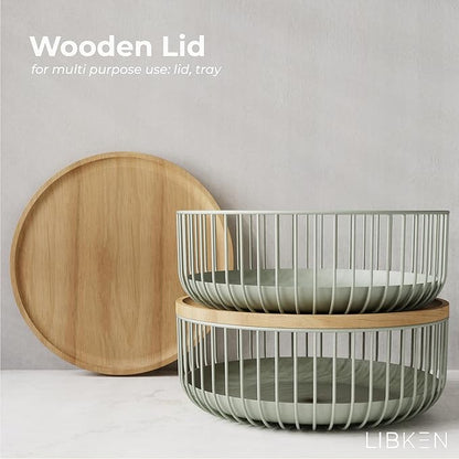 Fruit Basket with Wooden Bamboo Lid- Fruit Bowl For Kitchen Counter - Countertop Bin for Produce Fruits, Potato and Veggie - Metal Wire Baskets For Organizing - 11.4"x11.4"x4.5" - Green