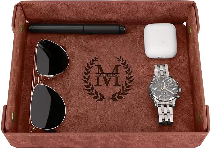 Engraved Leather Valet Tray for Men – Personalized Catchall with Custom Name for Desk, Dresser, Nightstand – Men's Organizer Tray for Keys, Wallet, Jewelry, Personalized Gift for Home, Office - Coffee