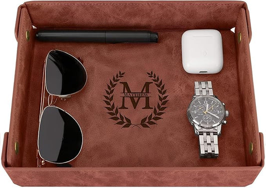 Engraved Leather Valet Tray for Men – Personalized Catchall with Custom Name for Desk, Dresser, Nightstand – Men's Organizer Tray for Keys, Wallet, Jewelry, Personalized Gift for Home, Office - Coffee