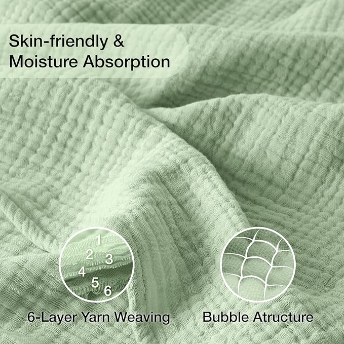 100% Cotton Muslin Blanket Queen 90" x 90", 6 Layers Breathable and Lightweight Cotton Throw Blanket for Bed, Soft Quilt Bedspread Coverlet, Gauze Blanket for Adults All Season, Sage Green