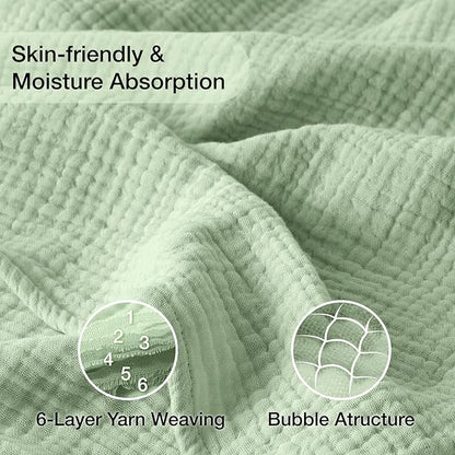 100% Cotton Muslin Blanket Twin XL 66" x 90", 6 Layers Cooling and Soft Twin Blankets for Bed, Lightweight Boho Coverlet Bedspread, Gauze Bedding for All Season, Sage Green