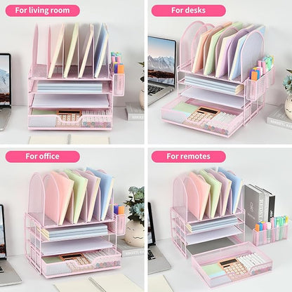 Desk Organizers and Accessories with Drawer, File Organizer with 5 Vertical File Holders and Pen Holders, Office Desk Accessories Workspace Desktop Organizers for Office Supplies (Pink)