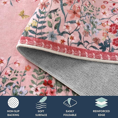 Lahome Boho Floral 8x10 Pink Rugs for Bedroom Girls, Non Slip Washable Nursery Rugs for Living Room, Pastel Indoor Throw Carpet for Dorm Classroom Playroom(Pink,8x10)