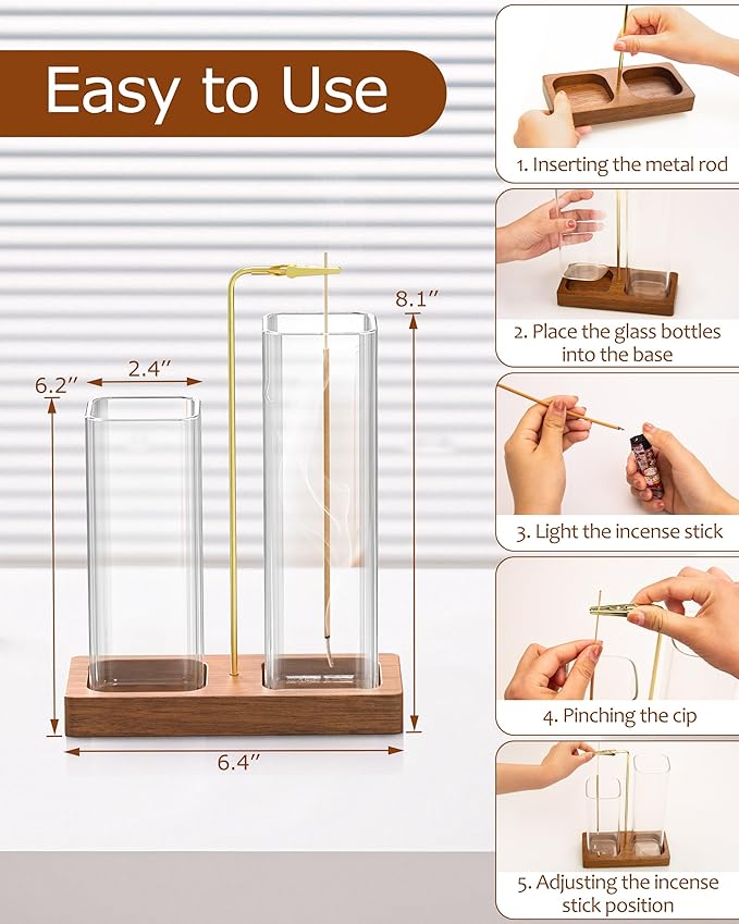 2 in 1 Incense Holder, Large Glass Incense Holder for Sticks, Upside Down Wooden Incense Burner with Ash Catcher & Incense Storage for Meditation Yoga Spa Home Decor, with 20 Incense Sticks & Brush