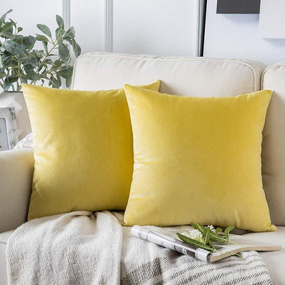 Phantoscope Pack of 2 Velvet Decorative Throw Pillow Covers Soft Solid Square Cushion Case for Couch Yellow 22 x 22 inches 55 x 55 cm