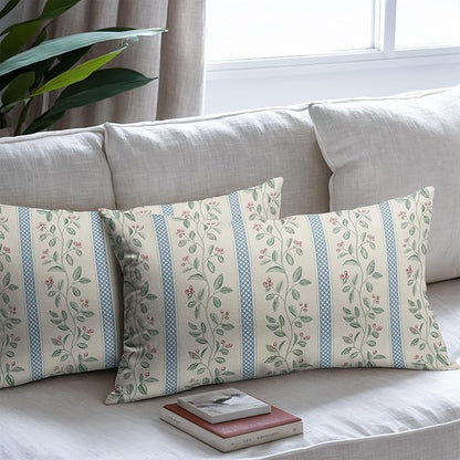 Vintage Floral Pillow Covers 12x20 Set of 2 Striped Boho Decor Blue Green Pillowcases Summer Printed Grand Millenial Throw Pillow Covers Soft Cozy with Zipper for Sofa Bed Chair Home Decoration