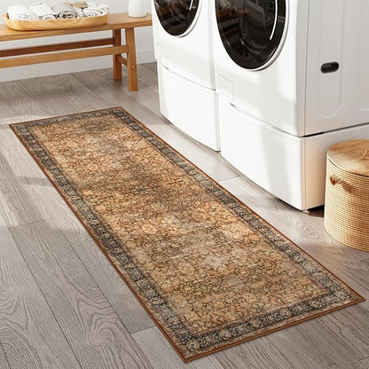 Morebes Vintage Washable Runner Rug 2x6, Floral Kitchen Runner Rugs Non Slip, Super Soft Distressed Indoor Throw Carpet for Hallway Bedroom Bedside Bathroom Laundry Room, Dark Brown
