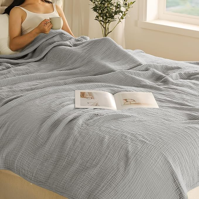 100% Cotton Muslin Blanket Twin XL Size 66" x 90" for Bed Couch Summer Gauze Blanket for Adults Lightweight and Breathable Grey