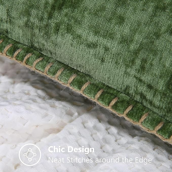 decorUhome Spring Chenille Soft Throw Pillow Covers 20x20 Set of 2, Farmhouse Velvet Neutral Decorative Pillow Covers with Stitched Edge for Couch Sofa Bed Home Decor, Forest Elf