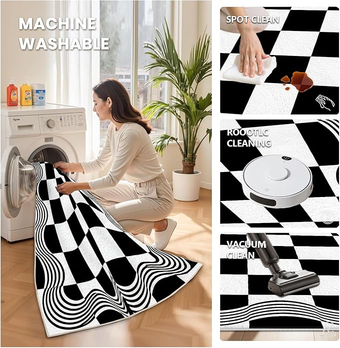 Checkered Area Rug, Checkerboard Rug 7x9, Geometric Plaid Washable Rugs, Modern Checkered Area Rugs, Wavy Line Carpet Non Slip for Bedroom Retro Home Decor Mat