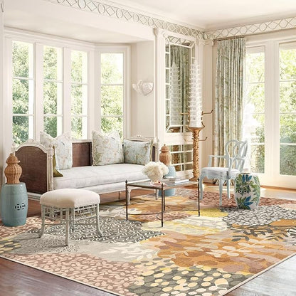 DEXDE 5x7 Area Rugs, Washable Non-Slip Abstract Boho Soft Rug for Living Room Bedroom,Leaves Floral Print Large Carpet for Entryway, Kids Playroom, Office,Camel