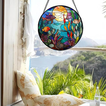 Stained Glass Window Hanging - Blue Ocean World Small Fish Coral Sun Catcher for Door Garden Home Decor Sea Suncatcher Christmas Mother's Day Birthday Gifts for Women Men Mom Nana 11.8 in