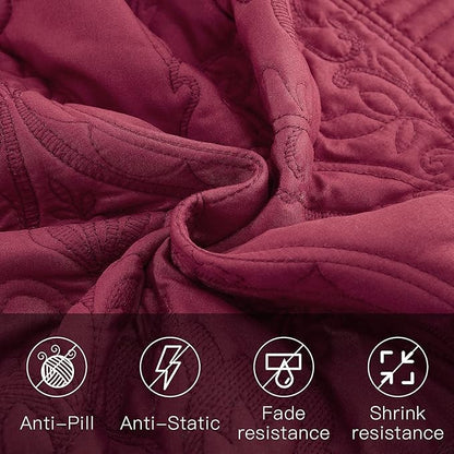 CHIXIN Oversized Bedspread Coverlet Set King Size - Lightweight Bedding Cover - Beautiful Stitching - 5 Piece Reversible Bedspread - Gorgeous Damask Paisley Pattern (King, Wine Red)
