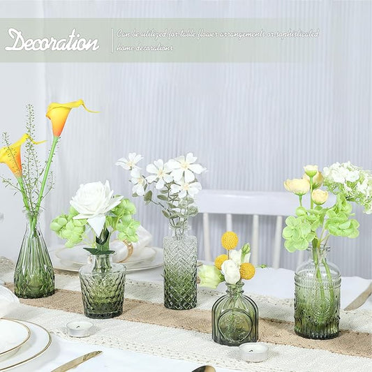 Glass Bud Vase Set of 5, Small Green Flower Vases for Centerpieces in Bulk, Mini Vintage Vase for Wedding Decor, Single Flowers, and Home Table Décor