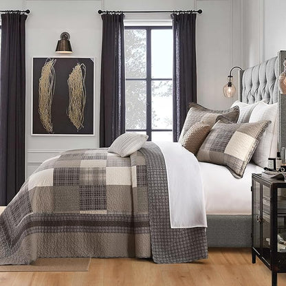 EWlinens 120"x120" Oversized King Bedspread - 100% Cotton Lightweight California King Bedspreads Coverlet Set, Farmhouse Patchwork Plaid Reversible Quilts Bedding Set, 3pcs, Brown/Beige/Khaki