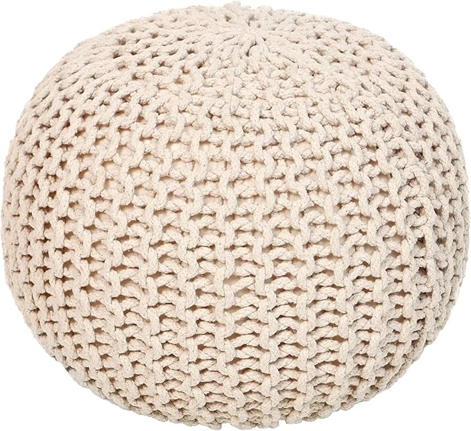 REDEARTH · Round Pouf Ottoman - Hand Knitted Cable Boho Poof Home Décor Pouffe Circular Footrest for Living Room - Nursery - Bedroom - Lounge 100% Cotton (19.5"x19.5"x14") - Ivory, Set of 2