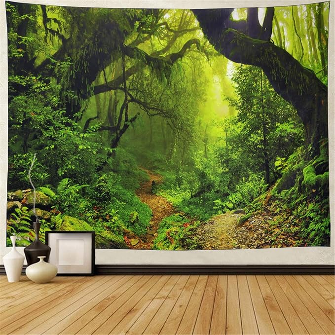 Leofanger Misty Forest Tapestry Nature Green Tree Wall Tapestry Virgin Rainforest Landscape Wall Hanging for Bedroom Living Room (51.2" × 59.1")