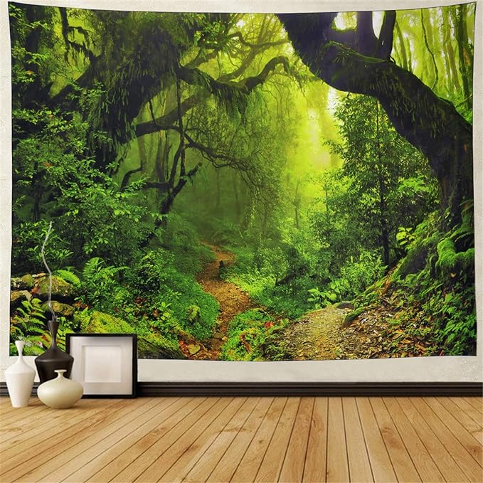 Leofanger Misty Forest Tapestry Nature Green Tree Wall Tapestry Virgin Rainforest Landscape Wall Hanging for Bedroom Living Room (59.1" × 78.7")