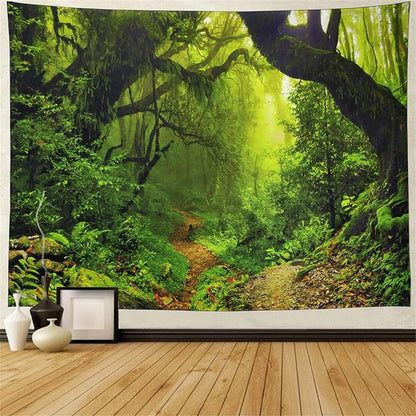 Leofanger Misty Forest Tapestry Nature Green Tree Wall Tapestry Virgin Rainforest Landscape Wall Hanging for Bedroom Living Room (59.1" × 78.7")