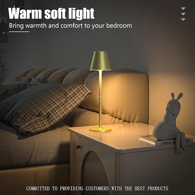 2-Pack Cordless Table Lamps - 5000mAh Rechargeable Battery Operated Desk Lamp, 3-Level Dimmable LED Night Light for Bedroom, Dining, Restaurant - Metal Design (Champagne Gold 2Pack)