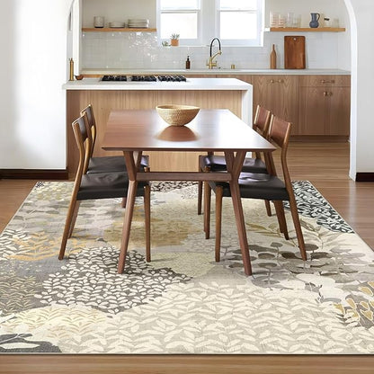 DEXDE 5x7 Area Rugs, Washable Non-Slip Abstract Boho Soft Rug for Living Room Bedroom,Leaves Floral Print Large Carpet for Entryway Playroom Office, Gray