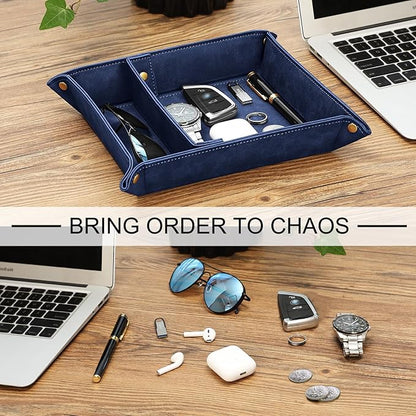 SITHON Valet Tray Desktop Storage Organizer, Removable 2 Compartments Catchall Tray Bedside Vanity Nightstand Caddy Holder Desk Storage Plate, Dark Blue