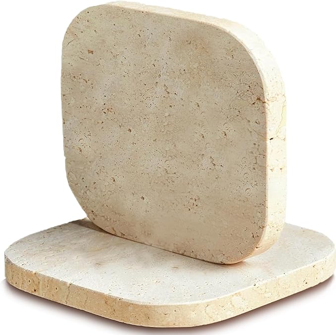 2PACK Travertine Marble Coasters Natural Coaster Set of 2, 4" Square Stone Drink Coasters with Thick Cork Backing, Durable Non-Slip Cup Mats, Table Protection for Coffee, Kitchen, Bar, Wedding