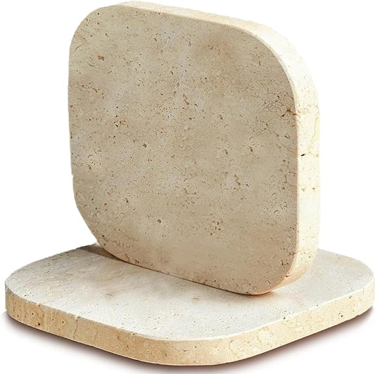 2PACK Travertine Marble Coasters Natural Coaster Set of 2, 4" Square Stone Drink Coasters with Thick Cork Backing, Durable Non-Slip Cup Mats, Table Protection for Coffee, Kitchen, Bar, Wedding