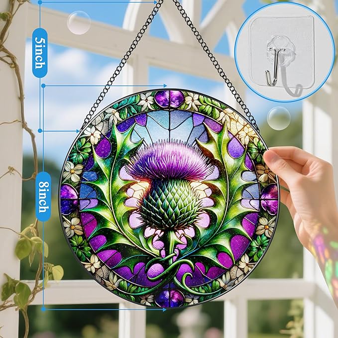 Stained Glass Window Hanging, 8 Inch Thistle Suncatcher, Sun Catchers Indoor Window, Windows Hanging Decor and Holiday, Christmas, Mother's Day, Birthday, Gifts for Mom, Grandma, Friend, Couple, Lover