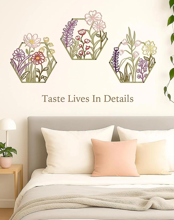 3 Piece Metal Flower Wall Art for Bedroom Living Room Rustic Farmhouse Floral Wall Decor for Bathroom Dining Room Boho Home Decorations Modern Minimalism Hanging Sculptures Polygon