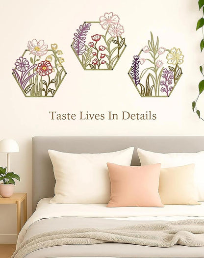 3 Piece Metal Flower Wall Art for Bedroom Living Room Rustic Farmhouse Floral Wall Decor for Bathroom Dining Room Boho Home Decorations Modern Minimalism Hanging Sculptures Polygon