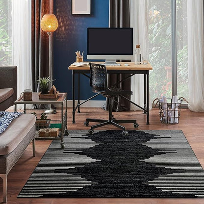 Rugshop Bohemian Stripe Stain Resistant High Traffic Living Room Kitchen Bedroom Dining Home Office Square Area Rug 6'6" x 6'6" Black
