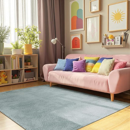 jinchan Solid Plush Area Rug 5x7 Performance Shaggy Washable Rug Indoor Soft Modern Faux Wool Cozy Non Slip Carpet for Living Room Kids Room Bedroom Dining Room Nursery Slate Blue
