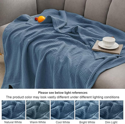 PHF 100% Cotton Muslin Blanket King Size 108"x90", 4-Layer Lightweight Gauze Throw, Breathable Cloud-Soft Minimalist Blanket for Bed, Couch, Camping & Baby, Denim Blue, Ideal Gift