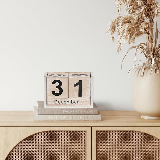Wooden Block Calendar for Desk, Small Size Daily Desktop Perpetual Desk Calendar, Cute Date Display Desk Accessories for Home Office Decor, Teacher, Classroom, Reusable Yearly, Grey Beige