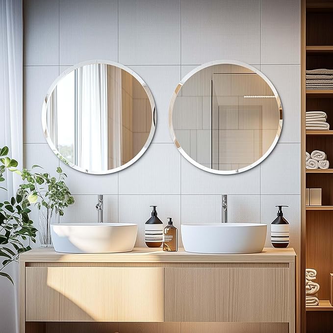 Frameless Round Wall Mirror: Decorative Mirrored Glass Vanity with Beveled Silver Edge for Bathroom Bedroom Livingroom Dining Room Entryway Hallway, 16 x 16 inch