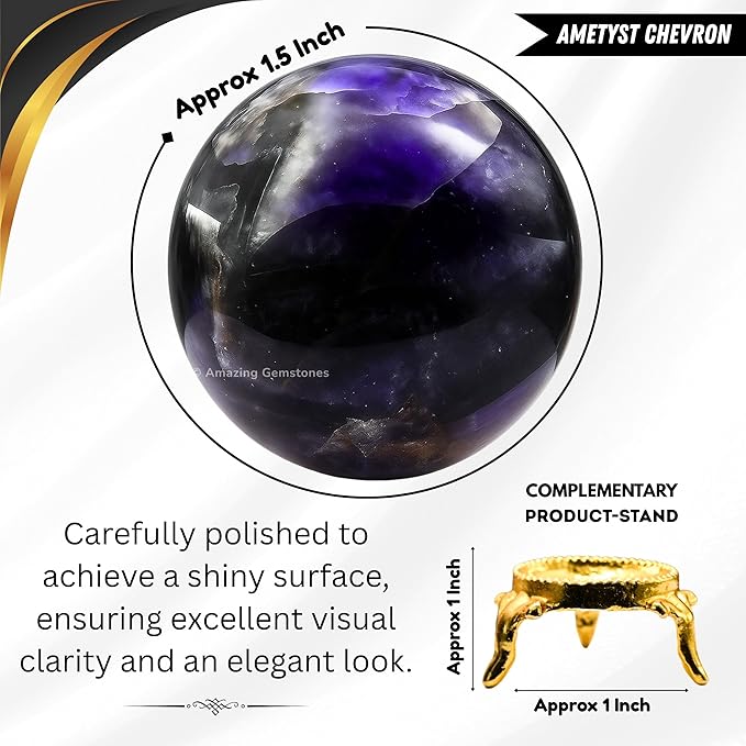 Amazing Gemstone Amethyst Chevron Crystal Ball with Stand - 1.5" Inches Crystal Sphere Meditation Balls for Witchcraft and Decorative Balls