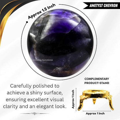Amazing Gemstone Amethyst Chevron Crystal Ball with Stand - 1.5" Inches Crystal Sphere Meditation Balls for Witchcraft and Decorative Balls