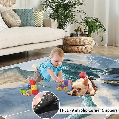 Dragon Area Rug 5x8 Washable Rug Fantasy Animals Rugs for Living Room Winter Landscape Non Slip Carpet Floral Print Mat Bedroom Bathroom