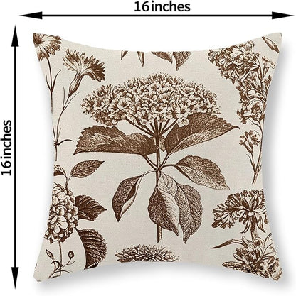 Brown Pillow Covers 16x16 Set of 2 Vintage Boho Floral Hydrangea Herbs Botanical Throw Pillow Cover Outdoor Flower Decorative Pillowcase Linen Farmhouse Cushion Case Decor for Couch Sofa