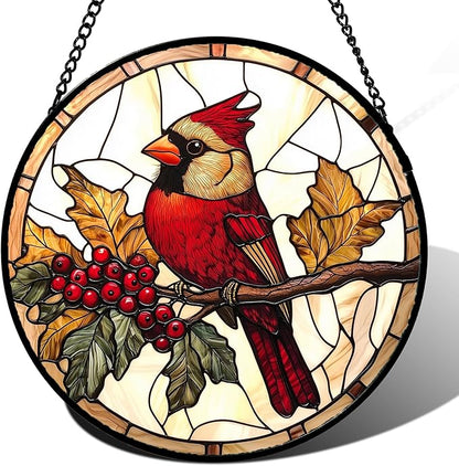 DASTOLL Stained Glass Window Hanging, Birds on a Branch Cardinal Sun Catchers Diamond Glass Panel Hangings Suncatcher Decor for Birthday for Women, Men, Wife, Aunt, and Mom 14.9x14.9 in