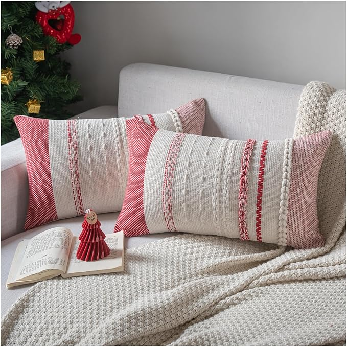 Valentines Pillow Covers 12x20 Inch Set of 2, Red Textured Boho Valentines Day Decoration Couch Pillow Cases for Farmhouse Home Decor, Accent Cushion Cover for Sofa, Bed, Living Room, Bedroom