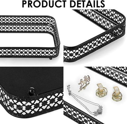 ELLDOO Black Perfume & Makeup Vanity Tray - Hollow-Carved Jewelry Storage, Glass & Metal Trinket Organizer for Dresser & Bathroom Countertop, Large Size