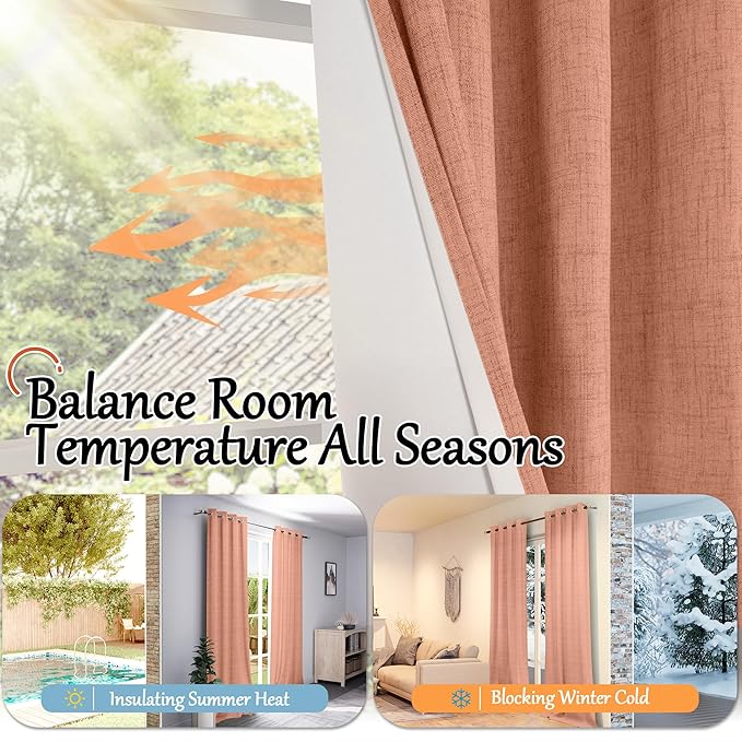 Lajode Terracotta Linen Blackout Curtains for Fall Living Room - 84 Inch Long Total Black Out Curtains for Bedroom, Thermal Insulated Room Darkening Light Blocking Curtains Each 52x84 Inch 2 Panels