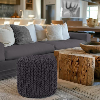 COTTON CRAFT Braided Round Pouf - Hand Knitted Cotton Cord Cable Dori Cylindrical Floor Pouf - Foot Stool Ottoman Footrest - Accent Seat - Living Room Bedroom Dorm Décor - 15 Round x 16 H - Grey