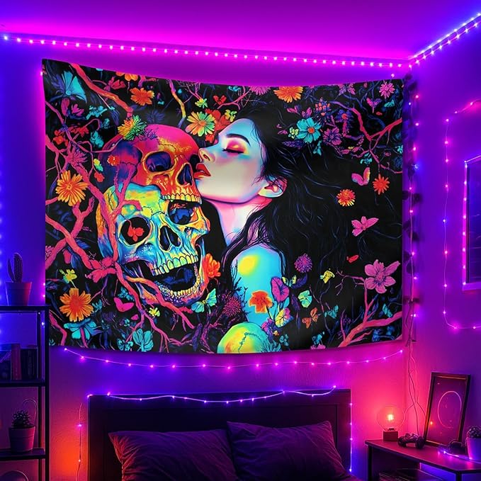 seewan Black Light Skeleton and Girl Tapestry, Glow-in-the-Dark UV Neon Woman Kissing Skeleton Wall Hanging, Psychedelic Life and Death Art Tapestry, Bedroom Dorm Living Room Background Decor